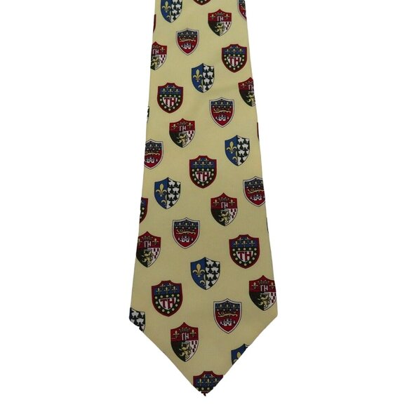 Tommy Hilfiger Yellow Red Blue Logo Crest Print Mens Necktie Tie Italian Silk - Picture 1 of 6